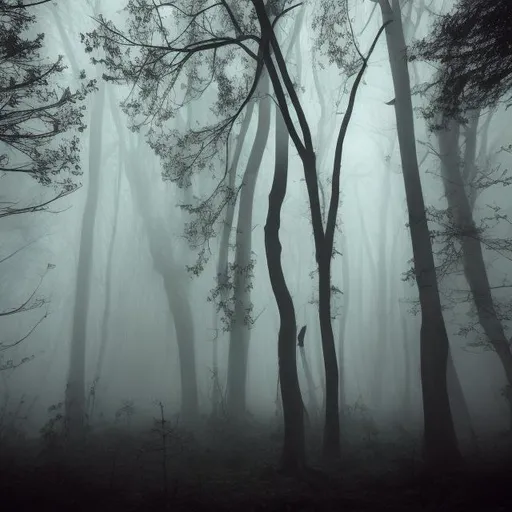 Prompt: Creepy forest on a foggy night, something hiding among the trees
