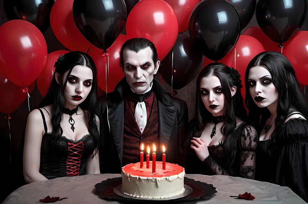 Prompt: Old vampire birthday party, black and red balloons, low light, single candle, gothic art style, dark tones, eerie atmosphere, detailed facial features, high resolution, detailed shading, eerie lighting, moody ambiance, misty environment