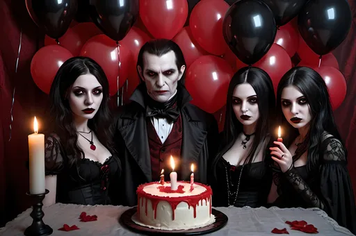 Prompt: Old vampire birthday party, black and red balloons, low light, single candle, gothic art style, dark tones, eerie atmosphere, detailed facial features, high resolution, detailed shading, eerie lighting, moody ambiance, misty environment