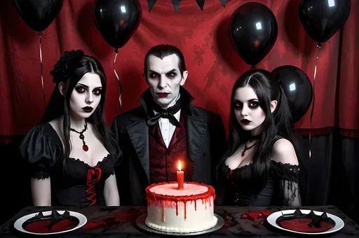 Prompt: Old vampire birthday party, black and red balloons, low light, single candle, gothic art style, dark tones, eerie atmosphere, detailed facial features, high resolution, detailed shading, eerie lighting, moody ambiance, misty environment