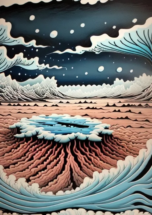 Prompt: Super-detailed Woodcut gauche painting of a flat, barren, icy desert with blue cold skies, focus, hi-res, 4k, fine detail