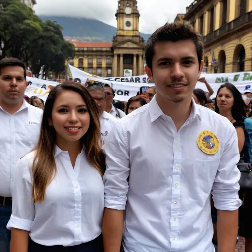 Prompt: Un joven alcalde vestido con sombrero paisa camisa blanca  al lado de su esposa en la plaza de Bolívar de Bogotá y la gente con pancartas donde dice cesar y marta presidente