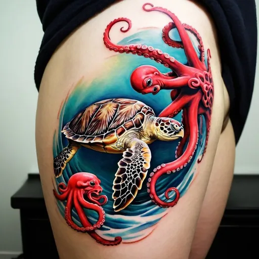 Prompt: Sea turtle and great red octopus romance tattoo
