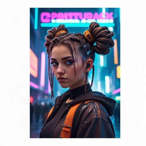 Prompt: cyberpunk girl with brown space buns. In the backgorund is a big city with neon lights shining