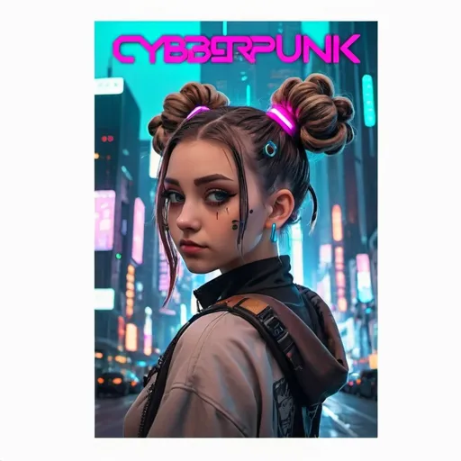 Prompt: cyberpunk girl with brown space buns. In the backgorund is a big city with neon lights shining