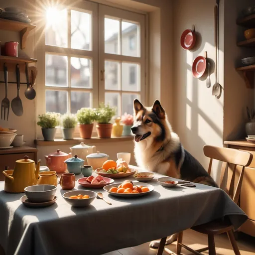 Prompt: (lively dog) sitting at a (beautifully arranged table), surrounded by (colorful dishes and utensils), warm sunlight filtering through a nearby window, creating a cheerful and inviting atmosphere, the soft textures of fur and cloth catching the light, (high detail), (4K) quality, emphasizing a cozy and playful vibe.