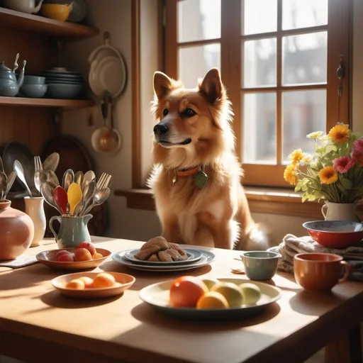 Prompt: (lively dog) sitting at a (beautifully arranged table), surrounded by (colorful dishes and utensils), warm sunlight filtering through a nearby window, creating a cheerful and inviting atmosphere, the soft textures of fur and cloth catching the light, (high detail), (4K) quality, emphasizing a cozy and playful vibe.