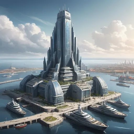 Prompt: Draw a image of citadel of an global empire. This citadel is a sea-side hightech metropolish. The city ítelf contain a 200 level skyscrapper as it main tower and multiple warship, ecommercies ship and spaceship parking inside it's dock