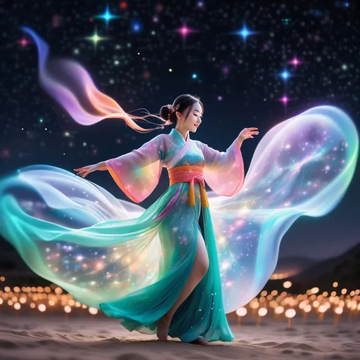 Prompt: lithe and petite young Chinese woman wearing a glowing Hanfu dress made of bright and vibrant starfields as she dances in an open space