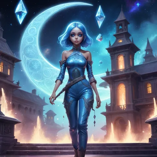 Prompt: With a galleon flying by in a nebula filled sky, a shapely young alien woman with big eyes, blue skin, and pointed ears wearing a jumpsuit carries large tomes etched with arcane runes as she walks past a glowing crystal fountain in front of the steps to a school building