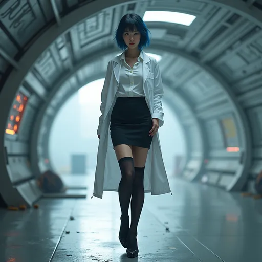 Prompt: toned and athletic young Japanese woman with dark-blue short hair wearing a tight open button-up blouse, a pencil miniskirt, an open lab coat, shher thigh-highs, and high heels as she stands in the hanger of a highly advanced sci-fi futuristic underground base