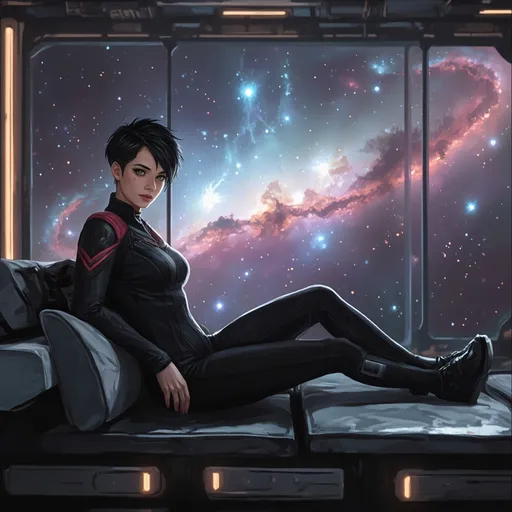 Prompt: shapely, toned, and athletic young woman with asymmetrical pixie cut black hair and green eyes wearing a crew uniform relaxing in a spacious sitting area of a crew quarters of a generational starship with large viewports showing an expansive and vibrant nebula outside