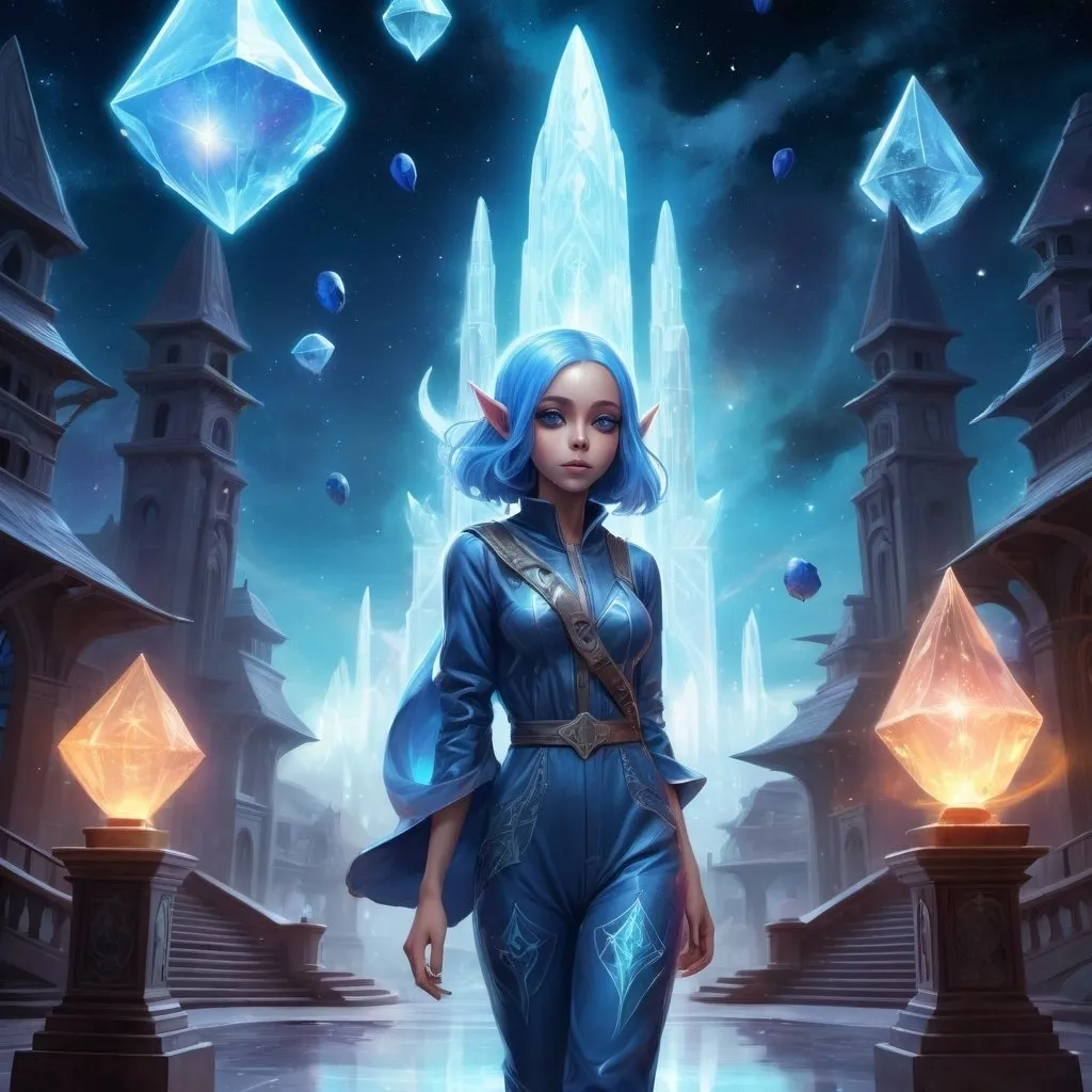 Prompt: With a galleon flying by in a nebula filled sky, a shapely young alien woman with big eyes, blue skin, and pointed ears wearing a jumpsuit carries large tomes etched with arcane runes as she walks past a glowing crystal fountain in front of the steps to a school building