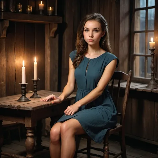 Prompt: Petite and toned young woman wearing a shift dress sitting on a chair next to a table with a single candle on a candlestick in a rustic room late in the night