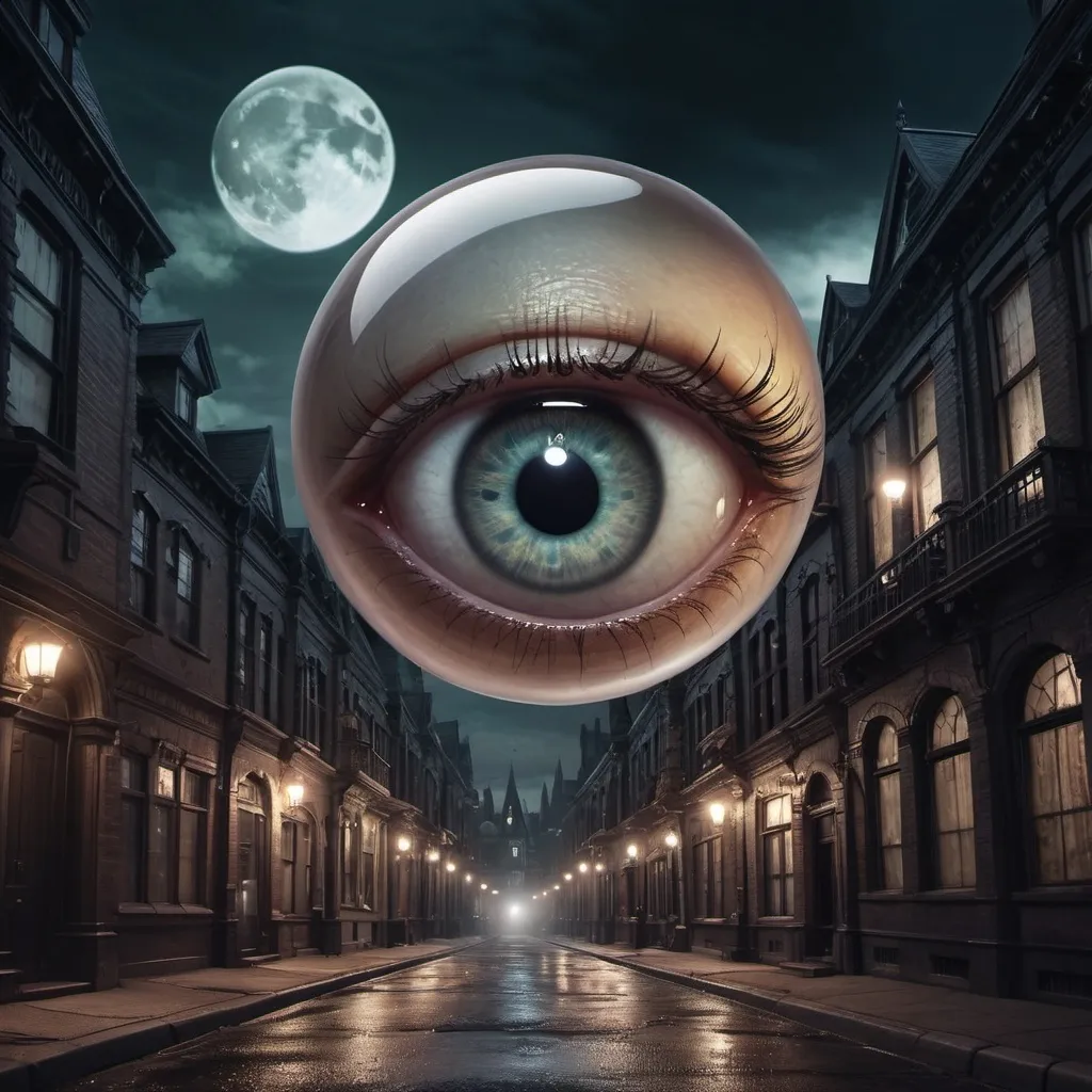 Prompt: Lidless Feminine eyeball floating overhead on a lonely street in a supernatural world at night with a Gothic Victorian-style city built with weird science advancements