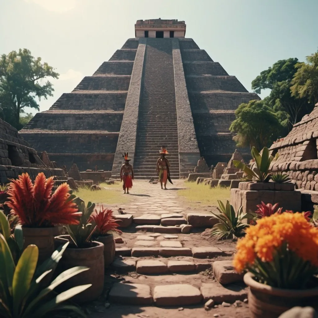Prompt: a cinematic still of the aztec people in mexico, with bright color grading, with a romantic theme, aztec pyramids, vegetation, a thriving community living in the pyramids, lots of cultural artifacts