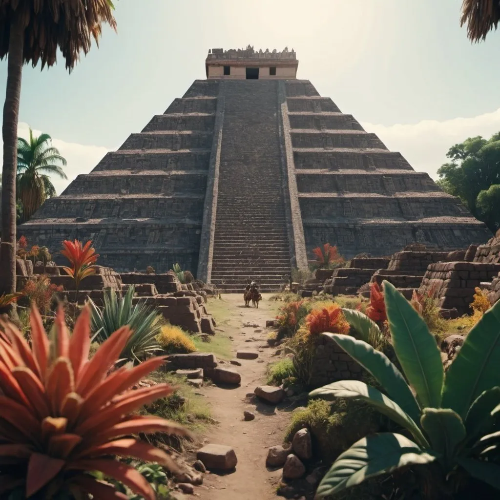Prompt: a cinematic still of the aztec people in mexico, with bright color grading, with a romantic theme, aztec pyramids, vegetation, a thriving community living in the pyramids, lots of cultural artifacts