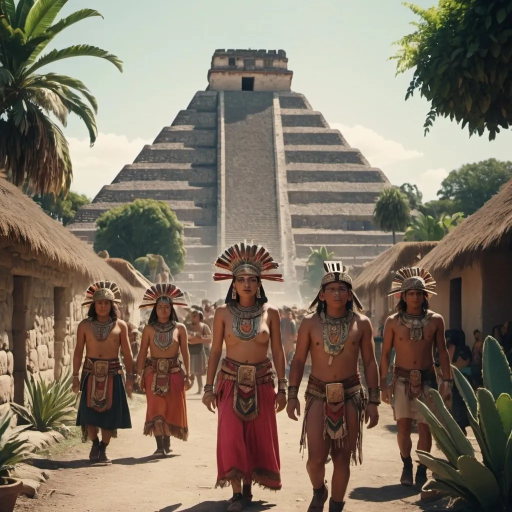 Prompt: a cinematic still of the aztec people in mexico, with bright color grading, with a romantic theme, aztec pyramids, vegetation, a thriving community living in the pyramids, lots of cultural artifacts, women and children, lovers