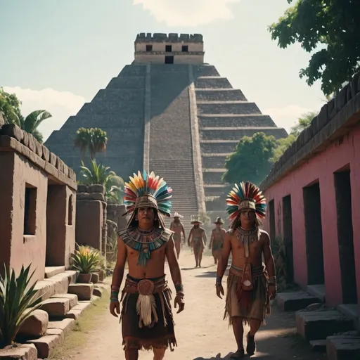 Prompt: a cinematic still of the aztec people in mexico, with bright color grading, with a romantic theme, aztec pyramids, vegetation, a thriving community living in the pyramids, lots of cultural artifacts