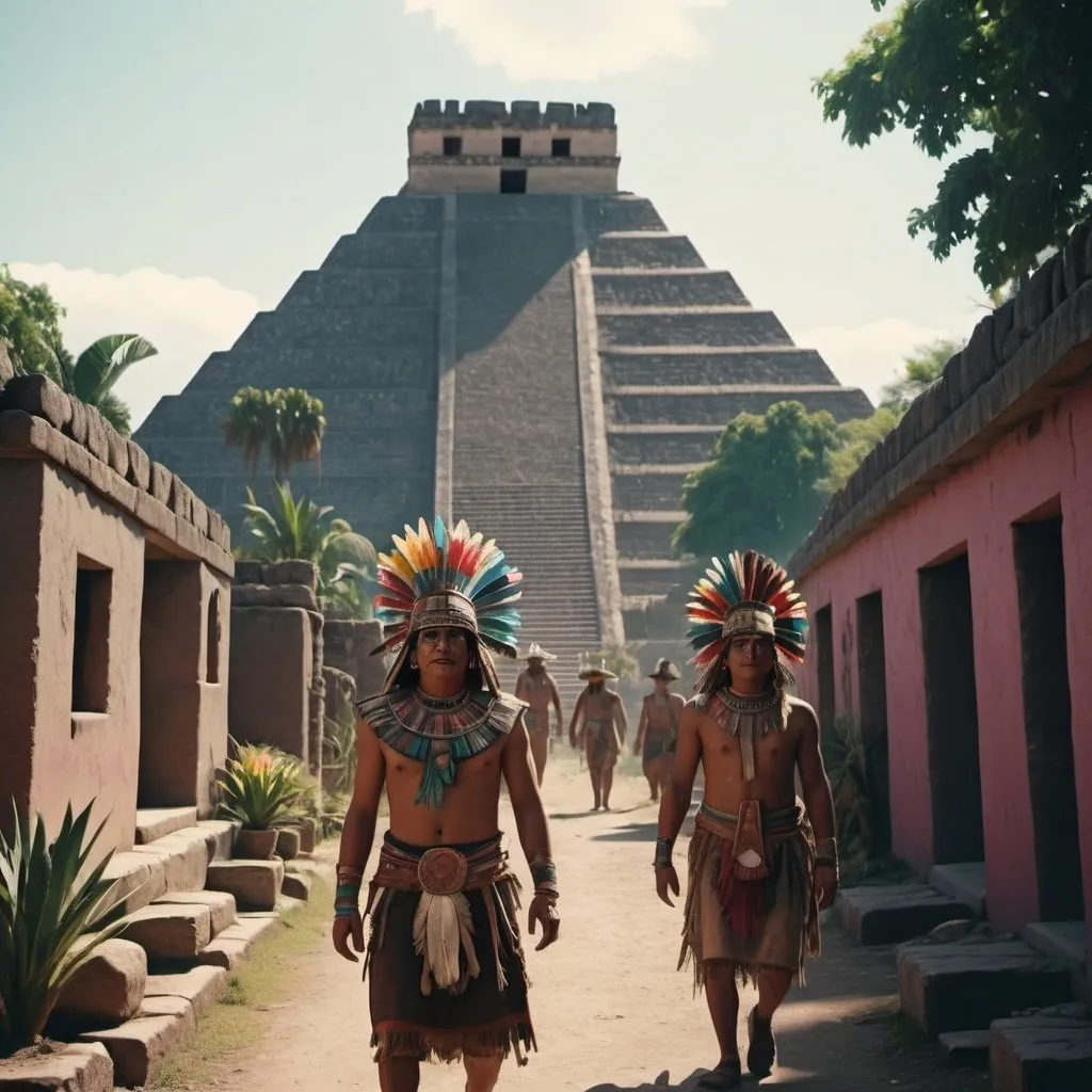 Prompt: a cinematic still of the aztec people in mexico, with bright color grading, with a romantic theme, aztec pyramids, vegetation, a thriving community living in the pyramids, lots of cultural artifacts