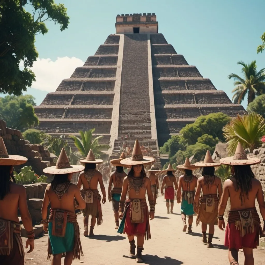 Prompt: a cinematic still of the aztec people in mexico, with bright color grading, with a romantic theme, aztec pyramids, vegetation, a thriving community living in the pyramids, lots of cultural artifacts, women and children, lovers