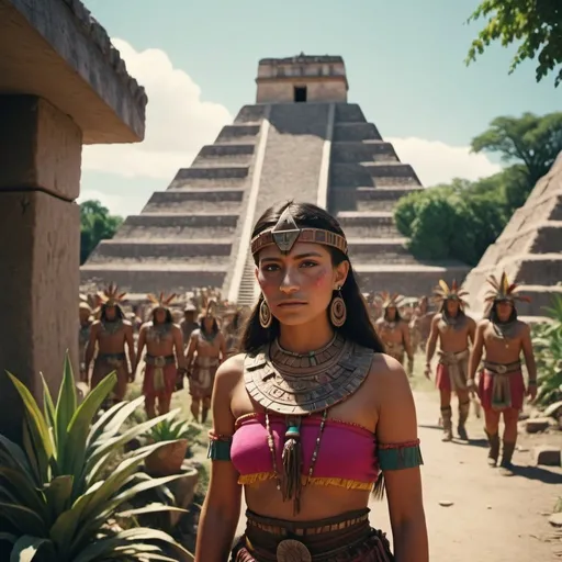 Prompt: a cinematic still of the aztec people in mexico, with bright color grading, with a romantic theme, aztec pyramids, vegetation, a thriving community living in the pyramids, lots of cultural artifacts, women and children, lovers