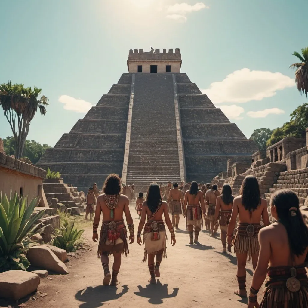 Prompt: a cinematic still of the aztec people in mexico, with bright color grading, with a romantic theme, aztec pyramids, vegetation, a thriving community living in the pyramids, lots of cultural artifacts, women and children, lovers