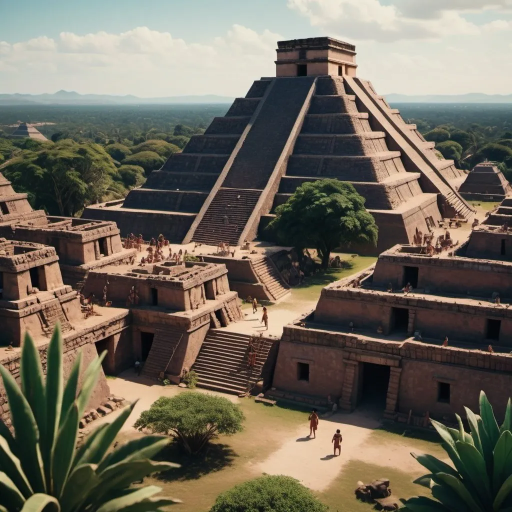 Prompt: a cinematic still of the aztec people in mexico, with bright color grading, with a romantic theme, aztec pyramids, vegetation, a thriving community living in the pyramids, lots of cultural artifacts