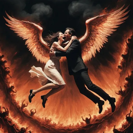 Prompt: We see a man and a woman flying in mid-air.
They hug and cry in unison.
We see them full length from feet to head.
They are in hell.
They are surrounded by damned souls screaming in pain.