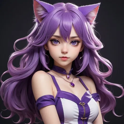 Prompt: A stunningly beautiful anime catgirl with an adorable look. She has big expressive eyes and full lips. Her long lush purple hair flows in stylized waves, with purple cat ears atop her head.
She wears a stylish purple top that accentuates her slender figure while showing her midriff. The top has intricate designs inspired by Ahri's outfit. Her expression and pose exude a blend of youthful innocence and playful confidence reminiscent of an anime cosplayer.
Render this purple-haired catgirl beauty with incredible detail, vibrant coloring, and mastery of lighting and form to bring out her full charm and allure, while maintaining a cute aesthetic inspired by anime and games like League of Legends. Use intricate linework, saturated colors, and dynamic textures to bring her to life.