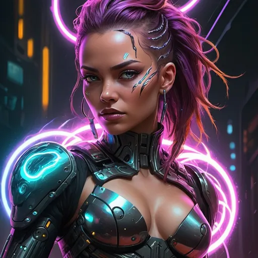 Prompt: Create a visually stunning digital painting of a female cyborg super villain exuding power and style in acrylic armor. Visualize her confidently wielding a glowing cat-o-nine-tails, framed by iridescent lightning bolts and mesmerizing fractal-bubbles in a cyberpunk setting. Emphasize vibrant colors, dynamic posing, neon tones, and intricate details to bring this character to life on the digital canvas. Ensure the composition captures the essence of strength, sophistication, and a touch of rebellion, appealing to fans of cyberpunk aesthetics.

