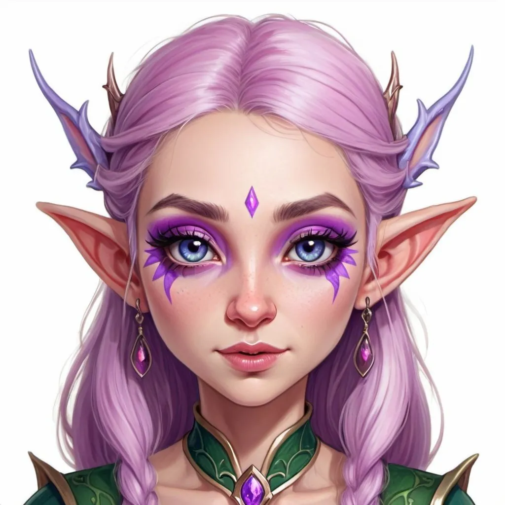 Prompt: Design a fantasy sticker illustration of an elf princess with the following features: * Eyes are blue * Face paint is a combination of pink and purple * Style is epic fantasy, with detailed and cute illustrations * Portrait is in a matte finish * The elf has violet skin * The artwork should be a 2D digital illustration, with high attention to detail Create a character inspiration for a 'Goblin Girl DND character' that showcases her beauty as an elf princess with unique features. The illustration should have a fantasy art style and a cute, detailed design.