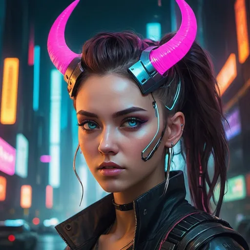 Prompt: Create a captivating portrait of a cyberpunk girl with horns and a fierce yet beautiful face, set against a dark, futuristic city backdrop. Focus on her alluring features and intricate cybernetic enhancements, with a vibrant color palette and eye-catching details inspired by artists like Wojtek Fus and Ross Tran. Capture her confident, rebellious spirit and convey a sense of dystopian power in an 8k digital painting, featuring a dreamy cyberpunk art style. Depict the subject as a gorgeous, cybernetically enhanced goddess, blending elements of sci-fi and fantasy, and ensuring the portrait is both mesmerizing and memorable.

