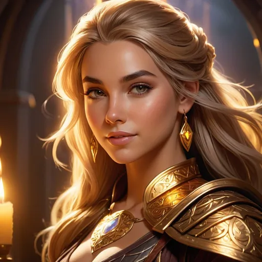Prompt: In this captivating 4K wallpaper, a female character from the D&D universe exudes warmth and positivity as a shimmering aura of golden light surrounds her. Her fashionable top highlights her confidence and bold spirit, while her expressive features draw the viewer into her world. This high-quality portrait showcases the unique blend of fantasy and adventure that defines the D&D realm, celebrating the memorable characters that inhabit it.