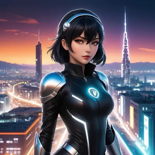 Prompt: The scene features Alfa, a sleek anime character in a black outfit adorned with silver accents, standing confidently in a vibrant, futuristic cityscape. The city is bathed in dynamic lighting, casting warm and cool tones across the surroundings. Alfa's glowing eyes, framed by a silver visor, exude power and command attention. In her hands, she holds a mysterious device that adds an air of intrigue. The composition showcases Alfa's powerful stance, framed by the dynamic city environment, resulting in a captivating and futuristic atmosphere. The color palette combines warm and cool tones to highlight the contrast between Alfa's dark attire and the lively cityscape.