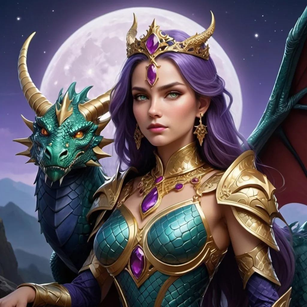 Prompt: Design an awe-inspiring fantasy character featuring a woman with a regal and commanding presence.
Physical Features: Give her striking green eyes and long, flowing purple hair adorned with a golden crown featuring curved, purple horns. Ensure her facial features exude confidence, wisdom, and strength.
Armor: Craft an elaborate golden armor breastplate with a captivating cosmic pattern resembling a star-filled night sky. Embellish the armor with red gemstones and golden filigree that accentuate her nobility and elegance.
Jewelry: Enhance her regal appearance with opulent golden jewelry, including a necklace featuring a prominent red gemstone, matching earrings, and additional golden ornaments. Render each piece with meticulous attention to detail, reflecting the richness and splendor of her attire.
Dragon Companion: Include a large, dark blue dragon with its wing partially extended beside her, contributing to her powerful presence and signifying a deep bond between them. Ensure the dragon's design complements the woman's overall aesthetic, creating a unified and visually striking composition.
Background: Set the character against a breathtaking backdrop of a large full moon surrounded by a halo of smaller stars, set against a purple and blue twilight sky. Add dark mountain silhouettes on the horizon, adding depth and scale to the scene.
Create an immersive and enchanting character design that successfully portrays the mystical and authoritative nature of a warrior queen, showcasing her unique connection with a mighty dragon companion in a rich fantasy world.