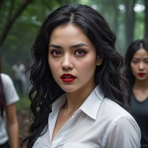 Prompt: This striking female protagonist exudes strength and power as she leads a group of zombies. Her long, curly black hair cascades down her back, contrasting against her fair skin. She wears a simple yet eye-catching outfit: a crisp white shirt and a short black skirt that allows for ease of movement.
Her bold red lips immediately draw attention to her face, revealing a confident and assertive personality. However, it's her blood-red eyes that are truly captivating—giving the impression that they're filled with blood and hinting at a possible connection to the undead creatures she commands.
Despite appearing unscathed, blood drips from her mouth, suggesting she may have been injured in a recent altercation. This lends a sense of danger and unpredictability to her character, as she remains steadfast in the face of adversity.
Overall, this character presents a mysterious and compelling figure—a strong, female leader with an intriguing connection to the world of zombies.