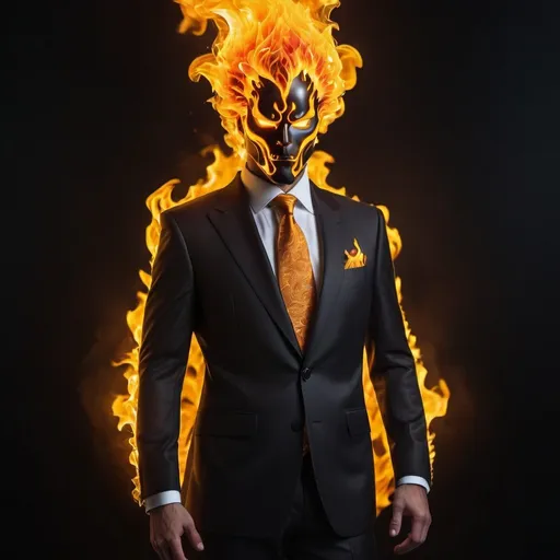 Prompt: An intricately designed, ultra-high-definition image of a flaming entity wearing a stylish suit. The fire is contained within the suit, maintaining its shape and form, with the suit itself appearing to be made of shimmering orange and yellow flames. The background is a dark, mysterious abyss, emphasizing the intense heat and energy emanating from the fire in the suit.