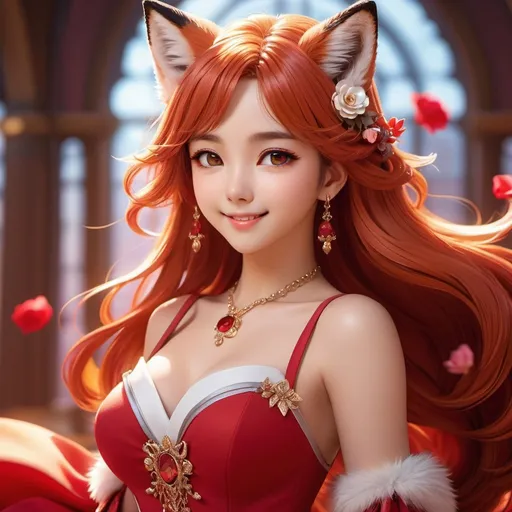 Prompt: extremely detailed CG, high resolution, best quality, best masterpiece, super fine illustration, vibrant colors, official art, 8k wallpaper, dynamic depiction, dynamic angle, dynamic pose, depth of field, cinematic lighting, / A fox girl illustration with rubellite eyes, combining fox features and anime elements in a royal court setting. She has fox ears, fluffy tail, long hair, and a smile. Her cute appearance features medium-sized and tasteful sideboob. She wears a stylish, sideless dress with intricate details, rose motifs, and dappled sunlight. The primary color scheme is bright red, complemented by silver accents, and anime coloring techniques enhance the illustration's vibrancy and depth.