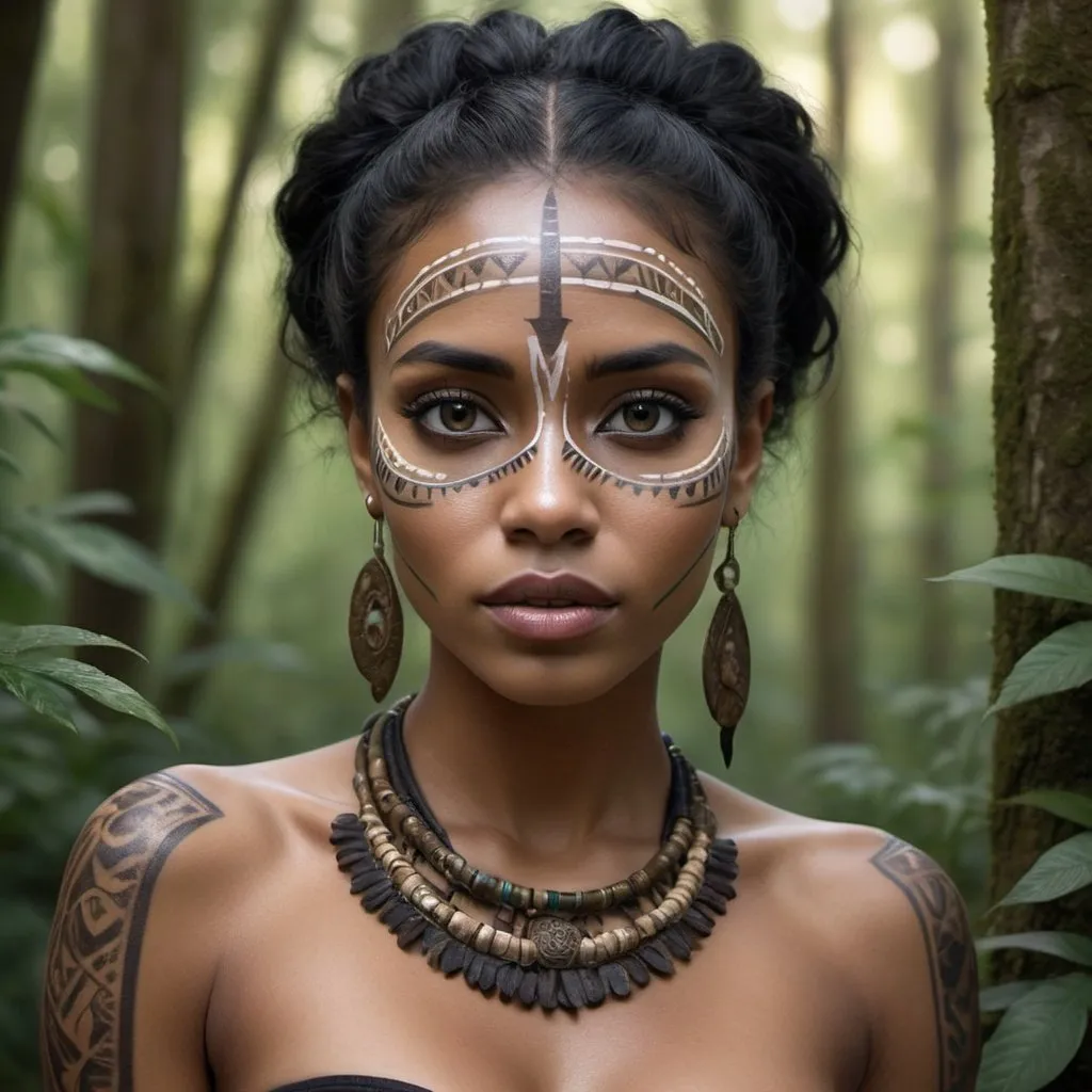 Prompt: This hyperreal portrait showcases a woman with wild black hair and expressive brown eyes, accentuated by intricate tribal facepaint on her dark skin. Standing amidst a lush forest, her toned physique is highlighted by her fashionable outfit, revealing a glimpse of a tattoo. Full lips, a strong nose, and vivid skin texture bring the portrait to life. This visually captivating image seamlessly merges beauty, fashion, and nature, embodying the essence of an earthly enchantress rooted in ancient wisdom.