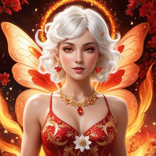 Prompt: An enchanting digital illustration of a fiery fairy inspired by Aries, features curly short white hair, bright red eyes, and a fierce expression. She's surrounded by crackling flames, warm light, and spring elements like blooming flowers and butterflies reacting to her magical presence. She wears a stunning red dress adorned with a glowing diamond necklace, highlighting her youthful and powerful appearance. With a strong physique, vibrant colors, and intricate details, the fairy embodies the spirit of Aries, radiating energy and hope during spring's renewal.