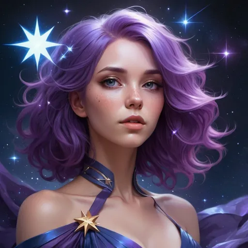 Prompt: Beautiful purple-haired woman with a star cluster and a blue dress, digital art fantasy, gorgeous digital art, digital fantasy art, fantasy digital art, beautiful fantasy portrait, cyborg goddess in cosmos. Digital painting by Artgerm, Loish, and WLOP