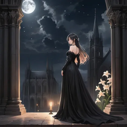 Prompt: Illustrate a captivating gothic anime girl, clothed in a simple, floor-length, black silk dress that contrasts with her delicate, peach-hued shoulders. Her dark, flowing hair is adorned with a single white lily, symbolizing purity amidst the gloom. Set against the backdrop of a crumbling, moonlit cathedral, the atmosphere is laden with intrigue and mystery. With a wistful expression, she stands tall, gazing into the distance, as if yearning for a different time and place. The interplay of light and shadow from the moonlight casts an eerie yet enchanting ambiance, emphasizing the beauty and melancholy of the scene.