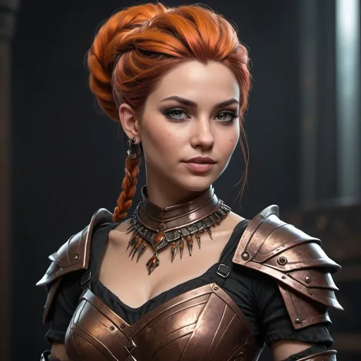 Prompt: Craft an edgy, hyper-realistic female character with bold colors and a copper Fishtail hairstyle for a gothic dark fantasy setting. Dress her in an attractive, adorned queen armor, reflecting confidence and fashion. Set against a randomized background, focus on hyper-realistic textures, dramatic lighting, and a striking color palette. Render her with a wistful smile, clean lines, and full-body tattoos, portraying a stylish, self-assured goddess of beauty and charm.