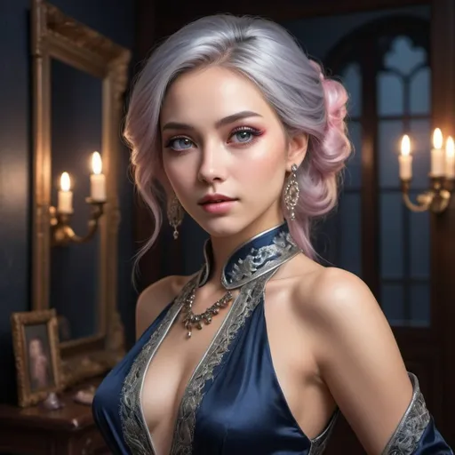 Prompt: Create an extremely detailed CG masterpiece featuring a stunningly beautiful woman with perfect eyes, rendered in high resolution for optimal quality. Use photorealistic techniques to bring her to life, showcasing vibrant colors that captivate the viewer.
Set in a hauntingly beautiful, moonlit castle, the woman strikes a dynamic pose with a captivating gaze. Her silver and pink hair flows gracefully down her back, framing her multicolored eyes adorned with eyelashes and mesmerizing eyeshadow. Elegant accessories, including a silver hairpin and small, gemstone earrings, accentuate her beauty.
Dressed in a tasteful, dark blue Japanese-inspired outfit, she exudes elegance and confidence. From a dynamic angle behind her, we see her enthusiasm and energy as she takes a selfie in a mirror. Her body is adorned with a black tape exoskeleton, adding an intriguing element to her overall appearance.
As she poses in the moonlight, her beauty and charm shine through, inviting viewers to appreciate her captivating presence in this enchanting setting.