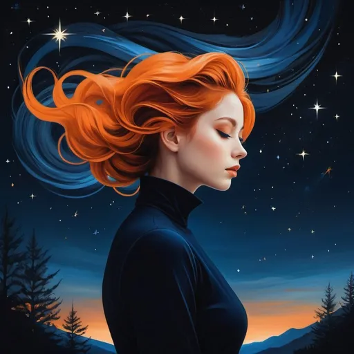 Prompt: A captivating minimalist illustration of a woman with a mesmerizing hairstyle. Her hair transitions from fiery orange at the roots to deep blue at the ends, creating a striking contrast against her dark outfit. The woman is depicted in a side profile, her eyes closed and face upturned as if she's floating or ascending. The background is a starry night sky, with the celestial bodies casting a dreamy glow on the scene. This ethereal image, with its rich and contrasting colors, evokes a sense of otherworldly beauty and mystery., illustration, fashion, dark fantasy, painting, wildlife photography, photo