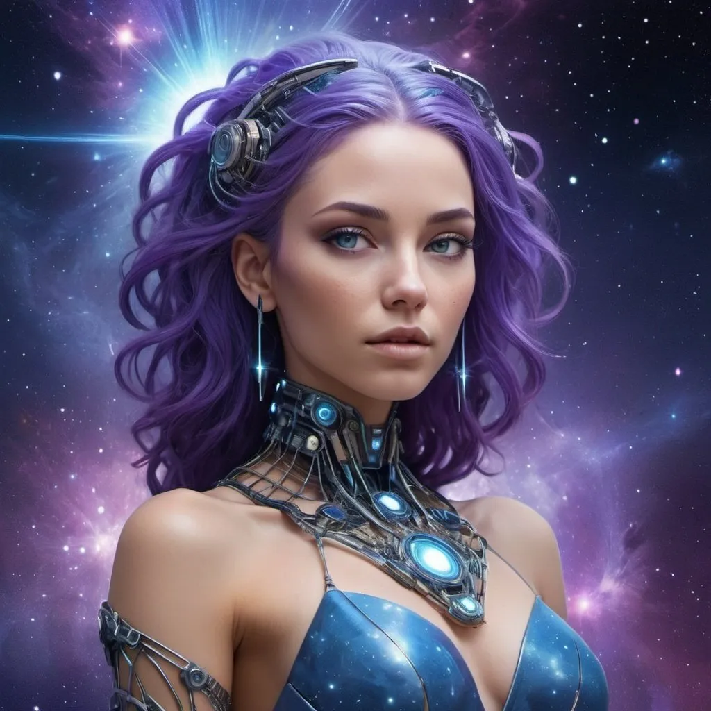 Prompt: Create a digital art portrait of a cybernetic goddess set against a stunning star cluster background, surrounded by a beautiful blue dress and sporting purple hair. The image should have a fantasy element to it and be highly detailed. Please provide me with a high-resolution rendering that showcases the goddess's cybernetic features and her surroundings in a breathtaking, cosmic environment. The art style should be in the realm of digital fantasy art and should be visually stunning.