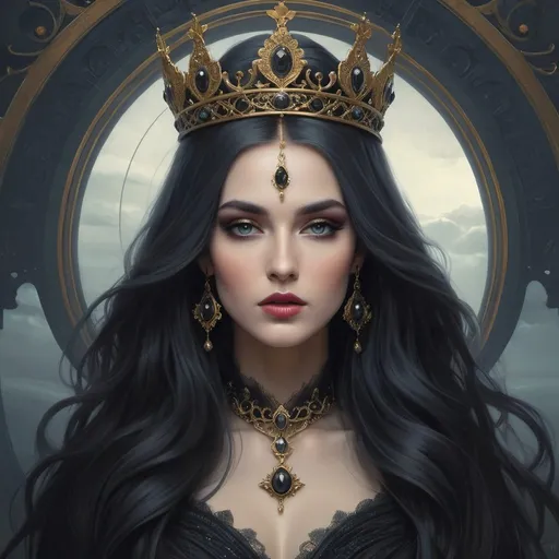 Prompt: Create a highly detailed, dark fantasy-style digital illustration of a woman with long, flowing hair adorned with a regal crown, reminiscent of a Gothic oil painting. Blend elements of dark fantasy art and Art Nouveau, drawing inspiration from artists Tom Bagshaw and Donato Giancola. Depict the woman as a powerful and enigmatic figure, evoking the essence of Persephone, the Goddess of Death. Incorporate intricate details and a dark, moody color palette, capturing a sense of mystery and allure. Ensure your illustration showcases the fusion of these artistic influences, resulting in a captivating and visually stunning portrayal of this dark, Gothic queen.