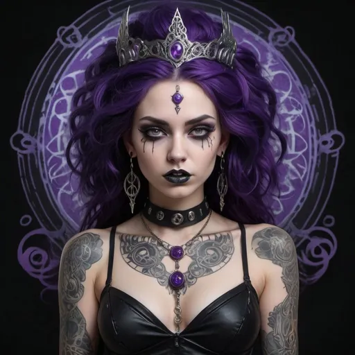 Prompt: In this dark and captivating depiction, the goddess of madness takes form as a gothic, edgy punk girl. Her long, curly dark hair cascades down her back, providing a striking contrast to her pale skin and the vibrant purple accents adorning her body. The magic and fantasy elements of the scene merge seamlessly with her punk aesthetic, elevating her to a realm beyond the ordinary.
Ornate tattoos weave intricate patterns across her skin, while an array of piercings add a bold, edgy touch to her appearance. Her intense, angry expression reveals the chaotic and unpredictable nature of the madness she embodies, while her psycho tendencies simmer just beneath the surface.
The level of detail in this image is astonishing, with every element working in harmony to create an immersive and hauntingly beautiful portrayal of the goddess. Her attire, a blend of gothic and punk styles, perfectly complements her overall look, with dark colors and metallic accents that reflect her dark powers.
As the embodiment of madness, she stands amidst a swirling vortex of dark energy, surrounded by ethereal symbols and cryptic runes that further emphasize her otherworldly nature. This mesmerizing scene is a powerful representation of the allure and danger inherent in the realm of madness, with the goddess serving as its enigmatic and captivating queen.