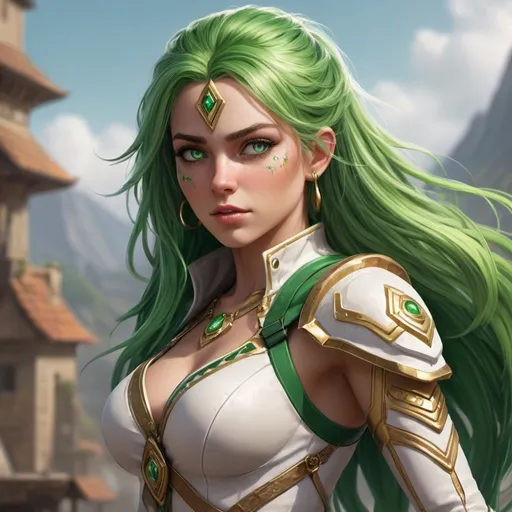 Prompt: A breathtakingly detailed CG artwork showcasing a charismatic female character in a high-resolution 8K wallpaper. This super fine illustration, akin to official art, exhibits vibrant colors and exceptional quality. The subject strikes a dynamic pose from an engaging angle, enhanced by depth of field and cinematic lighting. With her long green hair, striking green eyes, and slender, athletic build, she wears an eye-catching outfit featuring white, green, and gold accents, highlighting her agility and strength as a skilled adventurer.